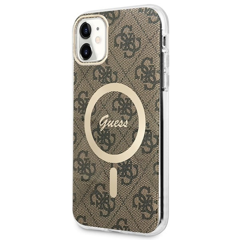 Guess GUBPN61H4EACSW Puzdro + bezdrôtová nabíjačka pre Apple iPhone 11, 4G Print, hnedé pevné puzdro, MagSafe
