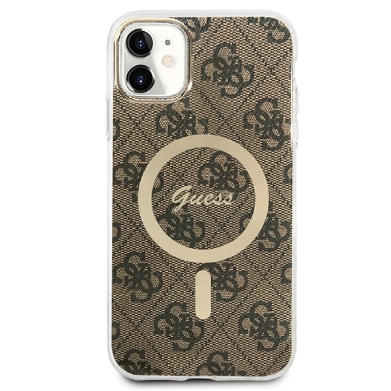 Guess GUBPN61H4EACSW Puzdro + bezdrôtová nabíjačka pre Apple iPhone 11, 4G Print, hnedé pevné puzdro, MagSafe