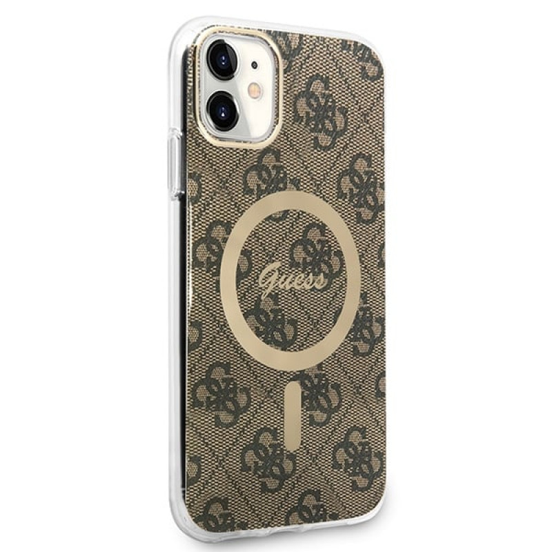 Guess GUBPN61H4EACSW Puzdro + bezdrôtová nabíjačka pre Apple iPhone 11, 4G Print, hnedé pevné puzdro, MagSafe