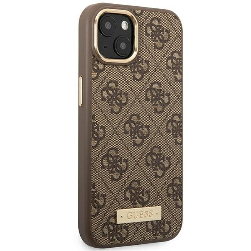 Guess GUHMP14MU4GPRW Apple iPhone 14 Plus / 15 Plus hnedé pevné puzdro, 4G Logo Plate, MagSafe