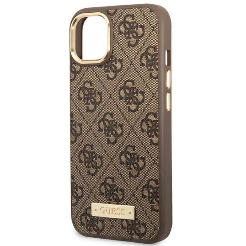 Guess GUHMP14MU4GPRW Apple iPhone 14 Plus / 15 Plus hnedé pevné puzdro, 4G Logo Plate, MagSafe