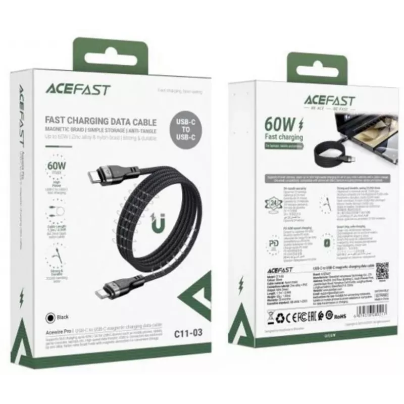 Acefast C11-03 3in1 USB-C na USB-C kábel 100W 480Mbps 1,2m čierna