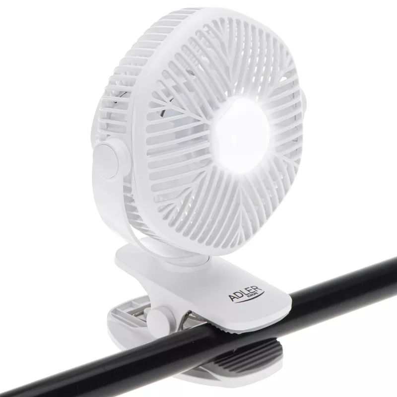 Adler AD 7335 nabíjací stolový ventilátor s klipom, 6W, 12,7 cm, 3 rýchlosti, oscilácia, biely