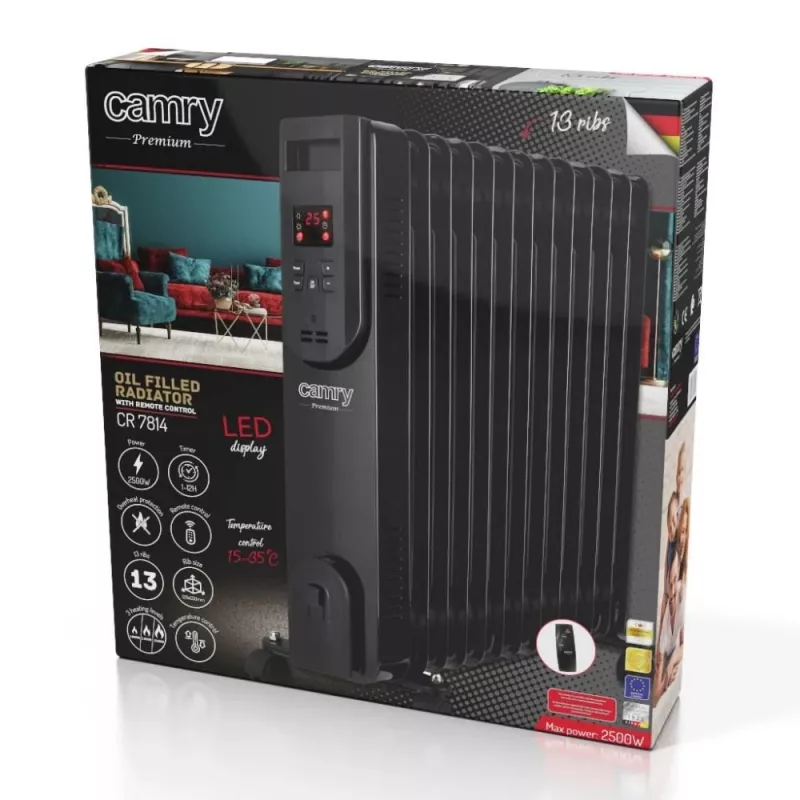 Camry CR 7814 olejový radiátor s diaľkovým ovládaním, 2500 W, 13 rebier, čierny