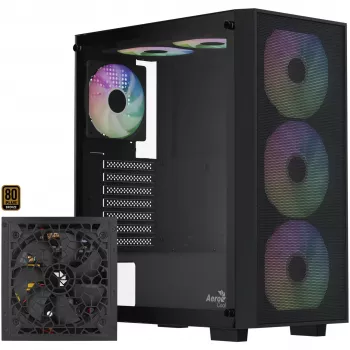 Aerocool B509A Flow-G-BK-v1 Mid Tower PC skriňa s 650W napájacím zdrojom, tvrdené sklo, čierna