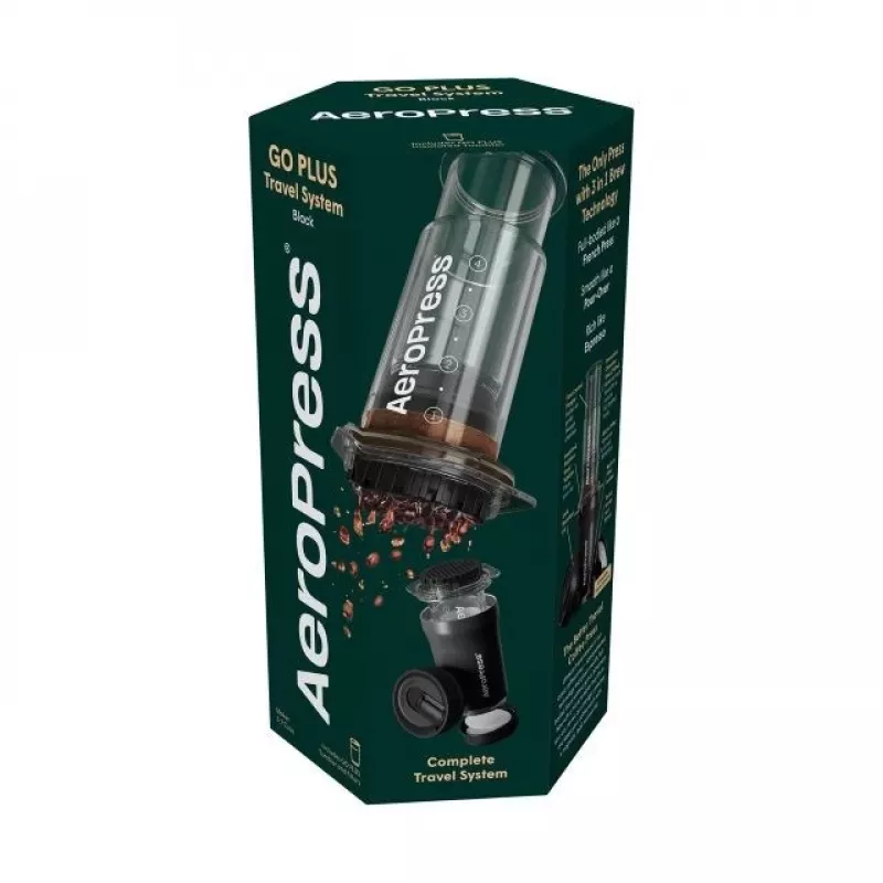AeroPress Go Plus cestovný kávovar s termohrnčekom - čierny