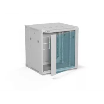 ALANTEC 19 palcové nástenné puzdro 12U 600x600mm, dvojsekčné, jednodverové sklo, úplne odnímateľné bočné steny so zámkom, 4 montážne lišty, sivá, Flat Pack