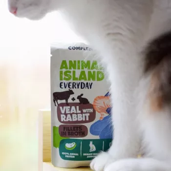 ANIMAL ISLAND teľacie / králik a moriak / tuniakové filety v bujóne mokré krmivo pre mačky 4x85g
