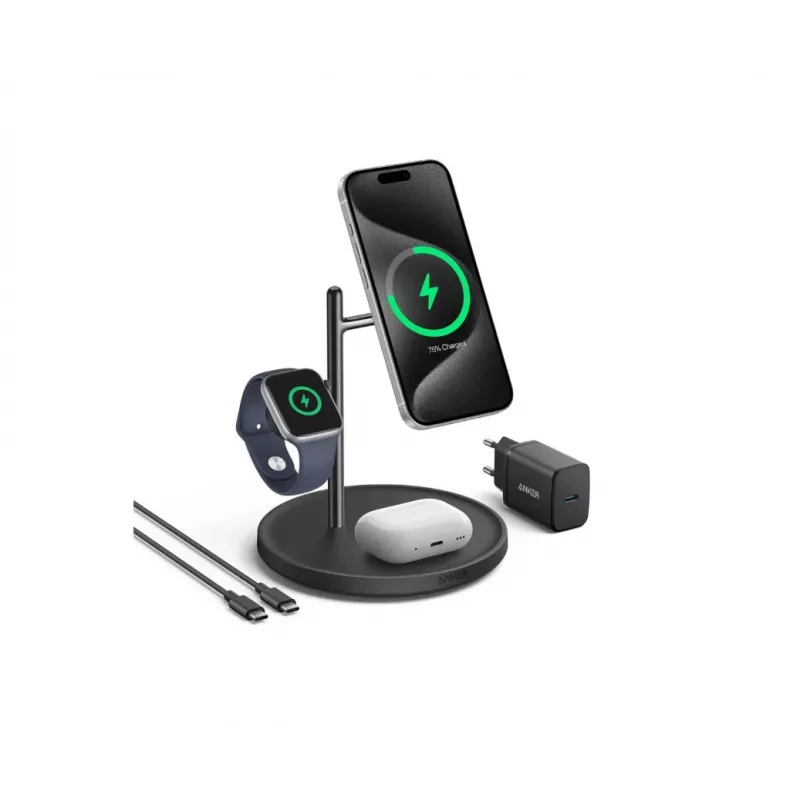Anker MagGo B25M3312 3-in-1 Qi2 nabíjacia stanica, 15 W pre smartfón, čierna