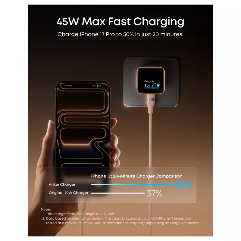 Anker Nano Charger 45W GaN USB-C nabíjačka s ActiveShield 5.0, dotykový senzor, SmartDisplay, rozpoznávanie iPhone, oranžová