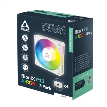 Arctic BioniX P12 A-RGB White 3-pack – 120mm PWM skriňový ventilátor s adresovateľným RGB a Daisy Chain, 450-3000 ot/min