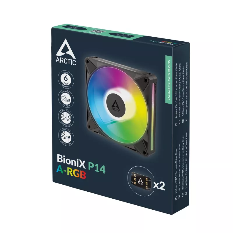 Arctic BioniX P14 A-RGB 140mm PWM ventilátor do skrine s Daisy Chain, 400-2500 ot/min, 186 m³/h, čierny