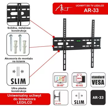 ART AR-33 pevný nástenný držiak pre 26-60 palcové LCD/LED televízory, 45 kg, VESA 400x400, tenký 24-mm profil, čierny