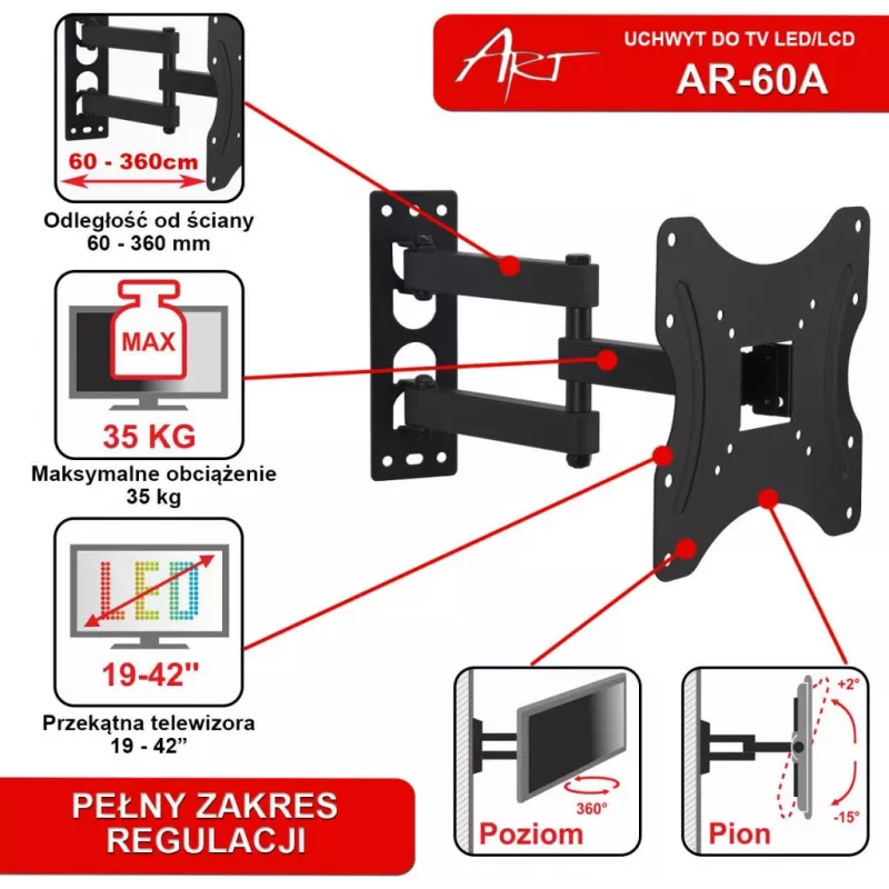 ART AR-60A Full Motion TV držiak na stenu pre 19-42 inch LED/LCD obrazovky, 35 kg, čierny