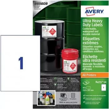 Avery Zweckform B4775-50 A4 biele polyetylénové fóliové etikety, permanentné lepidlo, laser/kopírka, 50 etikiet, 210 x 297 mm