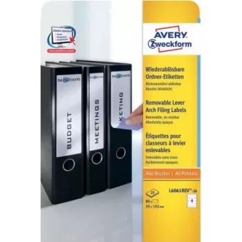 Avery Zweckform L6061REV-20 obaly na zakladače, biele, 59 x 192 mm, 80 etikiet (20 listov x 4)