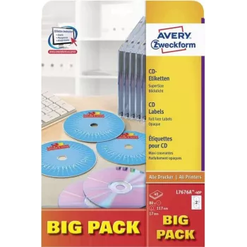 Avery Zweckform L7676A-40P CD/DVD etikety, Ø 117 mm, biela, 40 listov / 80 etikiet, A4, Inkjet & Laser