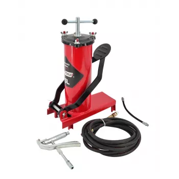 AWTOOLS AW15940 nožná pumpa - jednovalcová, 10 BAR, analógový manometer, oceľový rám, čierna/strieborná