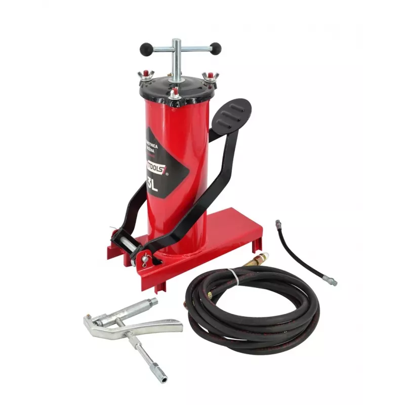 AWTOOLS AW15940 nožná pumpa - jednovalcová, 10 BAR, analógový manometer, oceľový rám, čierna/strieborná