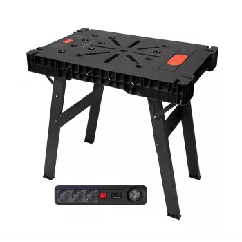 AWTOOLS skladací pracovný stôl so zásuvkovým blokom, rýchla montáž, 1000x600x750 mm, nosnosť 150 kg, čierny rám, prírodná drevená doska