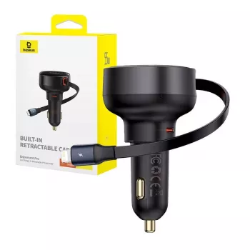 Baseus auto nabíjačka Enjoyment Pro rýchla nabíjačka Type-C samica, Lightning samec (0,75 m) vstavaný sťahovací kábel, 55W čierna EU