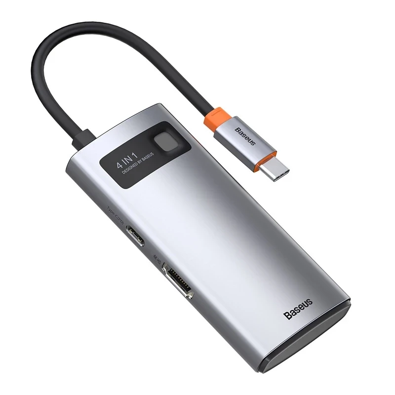Baseus Metal Gleam Series 4-in-1 USB-C Hub, USB 3.0 + USB 2.0 + HDMI + USB-C PD, strieborná