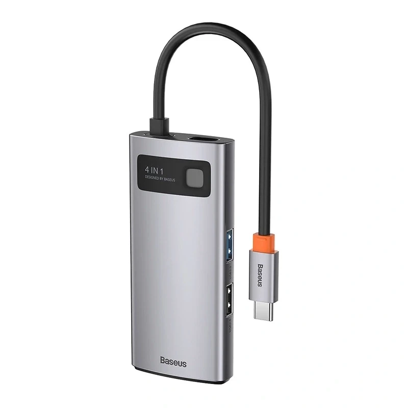 Baseus Metal Gleam Series 4-in-1 USB-C Hub, USB 3.0 + USB 2.0 + HDMI + USB-C PD, strieborná