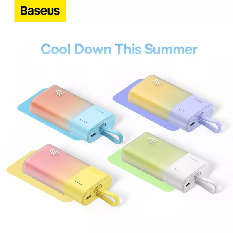 Baseus Popsicle 5200mAh 20W powerbanka s integrovaným Lightning káblom a bielym Baseus Simple USB-C na USB-C 60W 30cm káblom - žlto-ružová