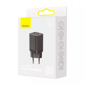 Baseus Super Si Pro Mini rýchla nabíjačka 30W, USB-C + USB-A, PD 3.0, QC 3.0, EU zástrčka, čierna (CCSUPP-E01)