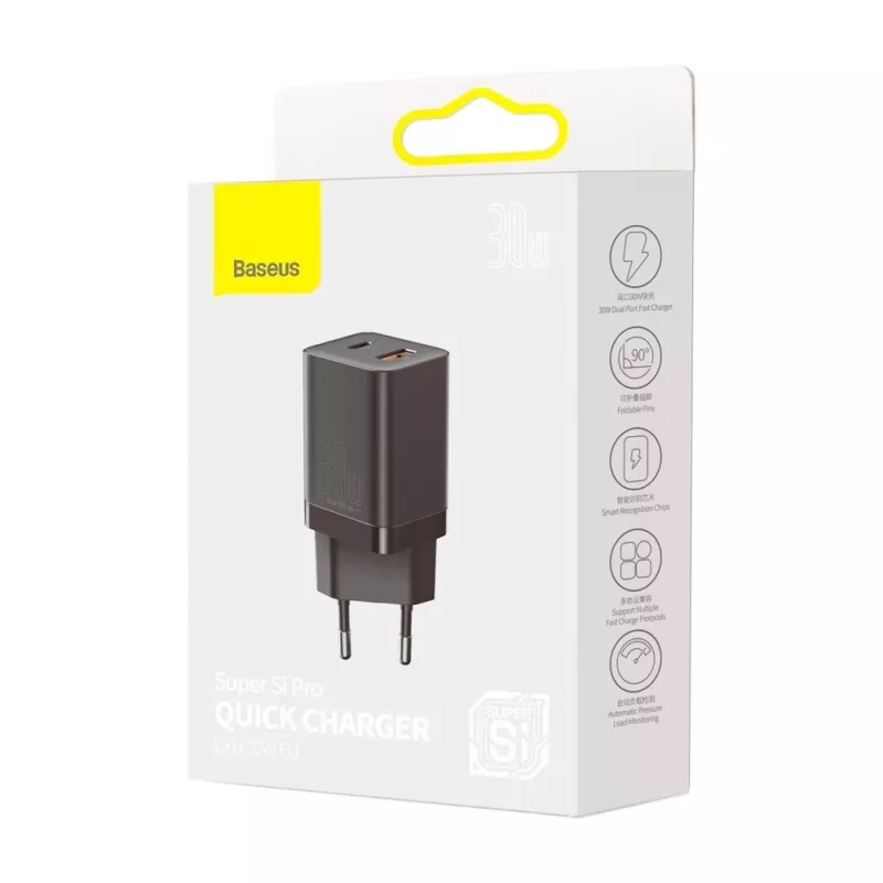 Baseus Super Si Pro Mini rýchla nabíjačka 30W, USB-C + USB-A, PD 3.0, QC 3.0, EU zástrčka, čierna (CCSUPP-E01)