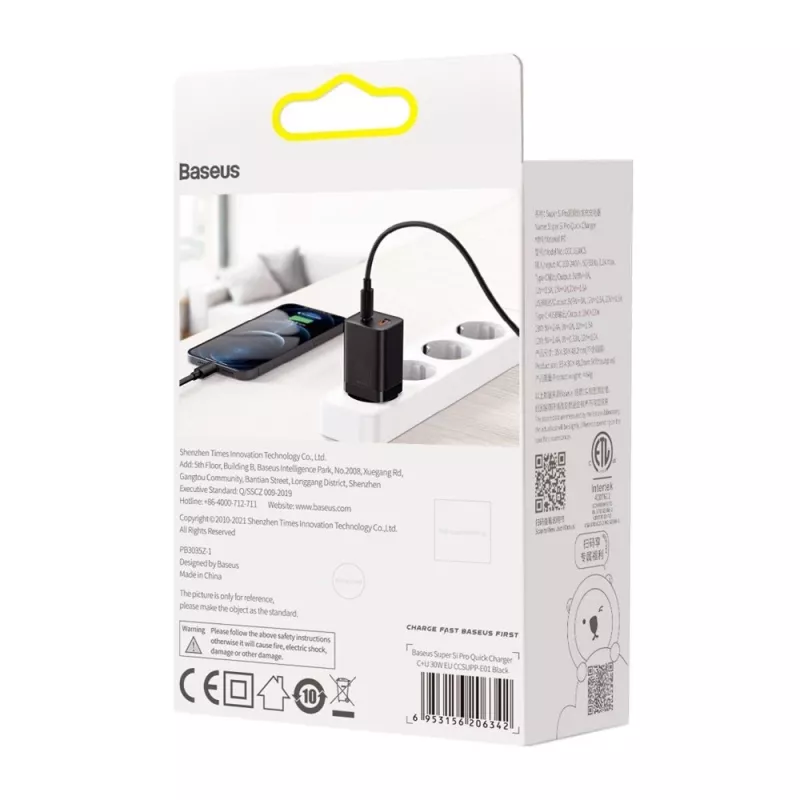 Baseus Super Si Pro Mini rýchla nabíjačka 30W, USB-C + USB-A, PD 3.0, QC 3.0, EU zástrčka, čierna (CCSUPP-E01)