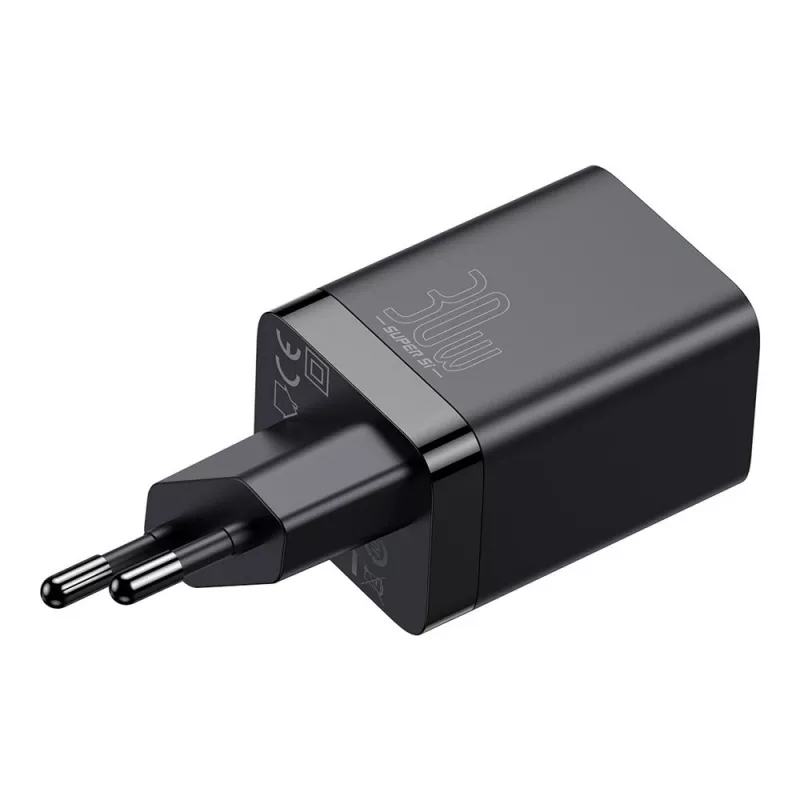 Baseus Super Si Pro Mini rýchla nabíjačka 30W, USB-C + USB-A, PD 3.0, QC 3.0, EU zástrčka, čierna (CCSUPP-E01)