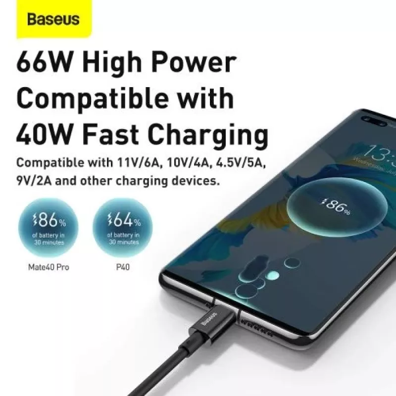 Baseus Superior Series USB-A na USB-C rýchlonabíjací a dátový kábel, 66W (11V/6A), 2m, čierny (CATYS-A01)