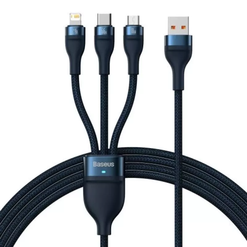 Baseus univerzálny kábel Flash Series II 3-in-1 rýchly nabíjací a dátový kábel (USB-A na Micro + Lightning + Type-C) 66W, 480mbps, 1,2m, modrý (CASS040003)