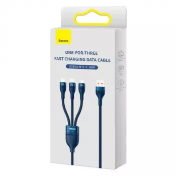 Baseus univerzálny kábel Flash Series II 3-in-1 rýchly nabíjací a dátový kábel (USB-A na Micro + Lightning + Type-C) 66W, 480mbps, 1,2m, modrý (CASS040003)