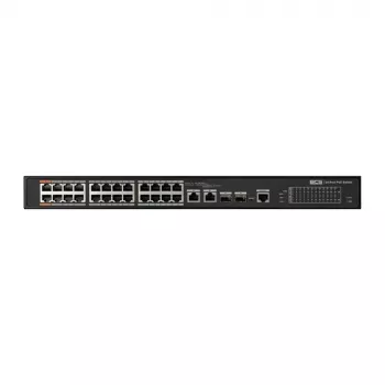 BCS 24-portový Gigabit PoE+ priemyselný Smart Managed switch s 2 SFP, 300W budget, DIN-Rail