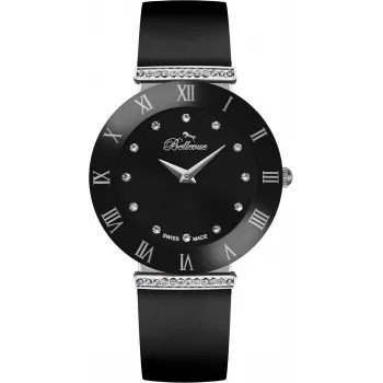 BELLEVUE E126 dámske analógové quartz hodinky 26mm strieborný ciferník čierny kožený remienok