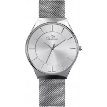 BELLEVUE E56 pánske analógové quartzové hodinky 32 mm oceľové puzdro čierny ciferník pravá koža remienok