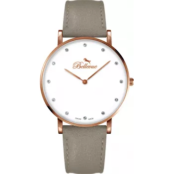 BELLEVUE Woman B56 40 mm quartz analógové hodinky oceľové puzdro čierny kožený remienok