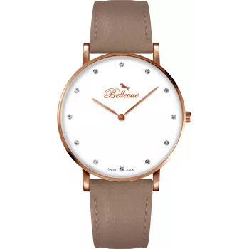 BELLEVUE dámske quartz analógové hodinky B53 40 mm oceľové puzdro čierny kožený remienok