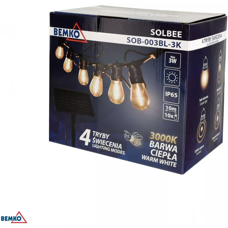 BEMKO SOLBEE solárna LED záhradná reťaz 10 LED 10m teplá biela 3000K IP65 čierna