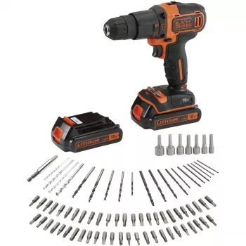 BLACK+DECKER 18V akumulátorový príklepový vŕtací skrutkovač BDCHD18BAFC, čierna/oranžová, 2x 1,5 Ah Li-Ion akumulátory, 80-dielna sada príslušenstva, kufrík