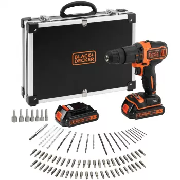 BLACK+DECKER 18V akumulátorový príklepový vŕtací skrutkovač BDCHD18BAFC, čierna/oranžová, 2x 1,5 Ah Li-Ion akumulátory, 80-dielna sada príslušenstva, kufrík