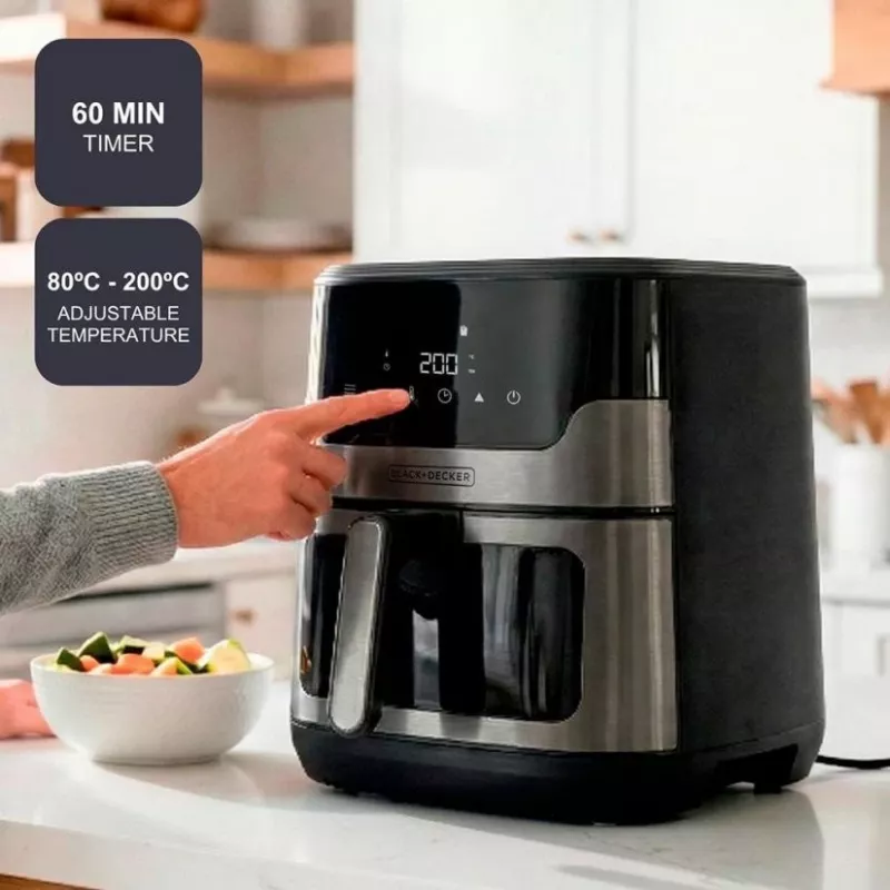 BLACK+DECKER BXAF8001E 8L digitálna teplovzdušná fritéza, 1700W, 8 programov, nepriľnavý kôš, čierna