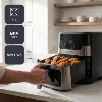 BLACK+DECKER BXAF8001E 8L digitálna teplovzdušná fritéza, 1700W, 8 programov, nepriľnavý kôš, čierna