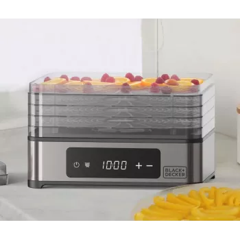 Black+Decker BXDE401E sušička na ovocie, huby a zeleninu – 400W, 5 podnosov, digitálny časovač, plast bez BPA, čierna