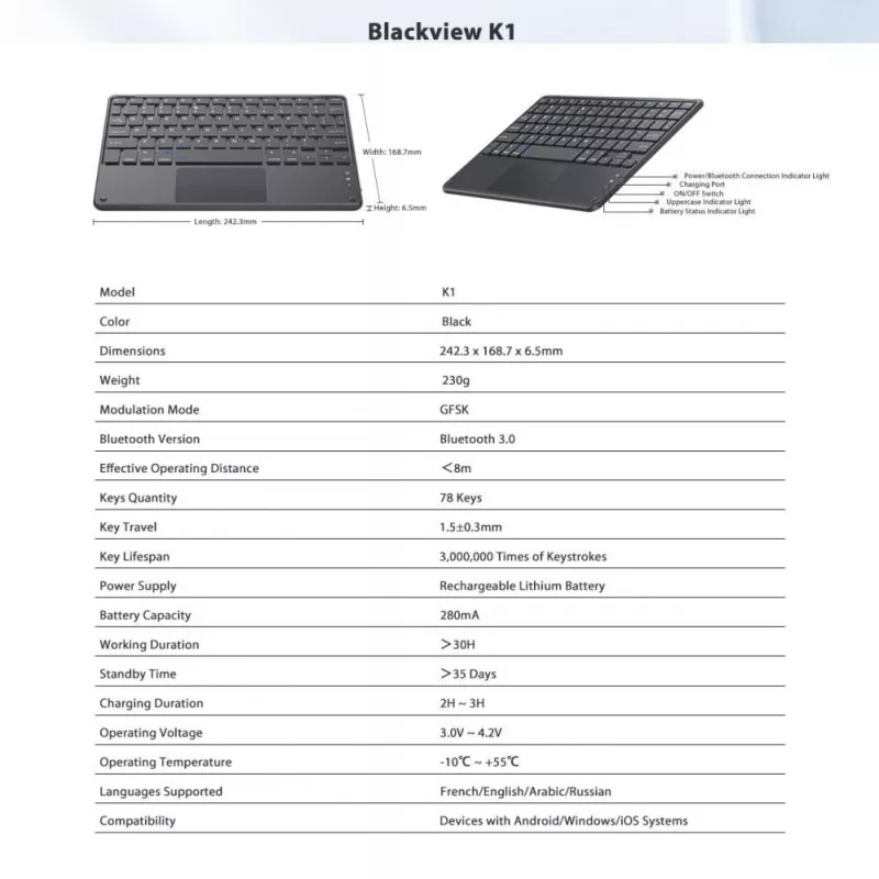 Blackview K1 Bluetooth klávesnica bezdrôtová ultra slim 10 palcov – 280mAh batéria, Bluetooth 3.0, kompatibilná s Windows / Android / iOS, čierna sivá