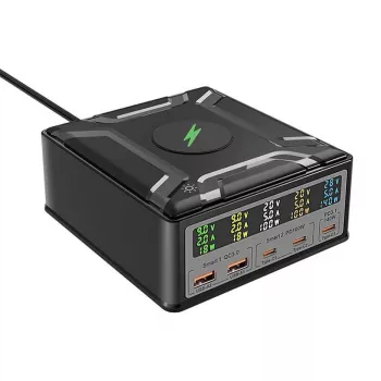 BlitzWolf BW-S28 260W GaN USB-C nabíjacia stanica, 2xUSB-A, 3xUSB-C, 15W bezdrôtová nabíjačka, čierna