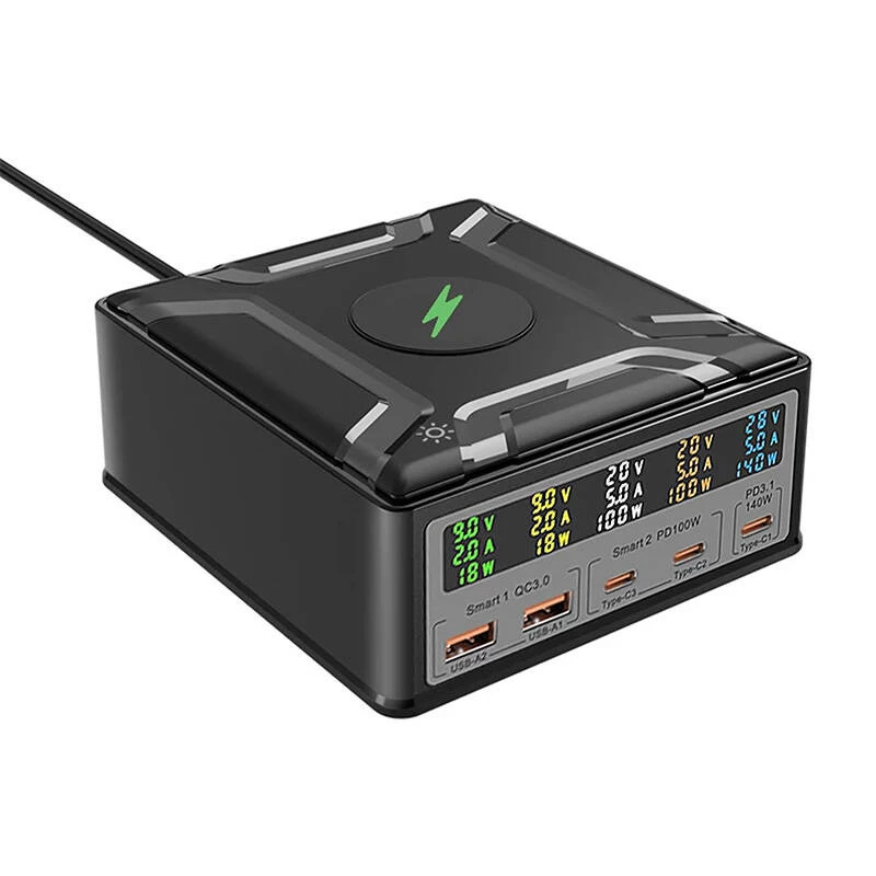 BlitzWolf BW-S28 260W GaN USB-C nabíjacia stanica, 2xUSB-A, 3xUSB-C, 15W bezdrôtová nabíjačka, čierna