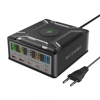 BlitzWolf BW-S28 260W GaN USB-C nabíjacia stanica, 2xUSB-A, 3xUSB-C, 15W bezdrôtová nabíjačka, čierna